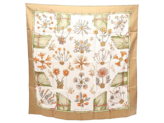 Hermès Pañuelo Hermes Herbier de Gavarnie 90 Blanco Multicolor Beige