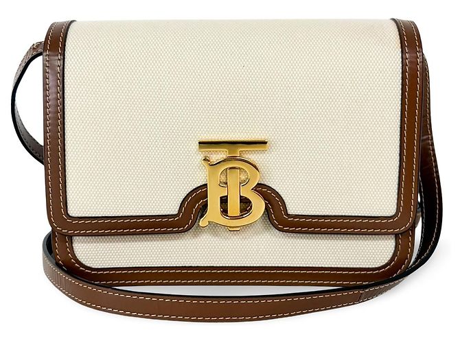 Bolsa Tiracolo Burberry TB Monogram E-Canvas Bege