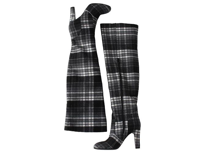 Autre Marque The Coat Grey Check Wool Blend Over-the-Knee Boots Black White