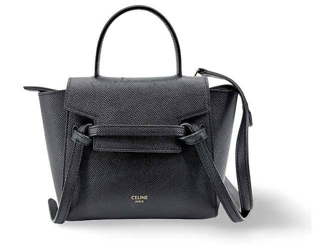 Céline Mala Satchel com fecho e cinto em pele com tachas e tela Small Celine Preto