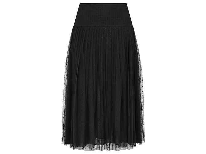 Christian Dior Saia Midi Plissada de Tule com Bolinhas Preta Preto