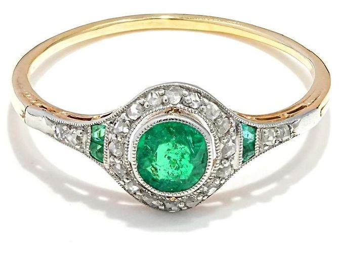 Autre Marque Art Déco Ring Smaragd Diamant Gold 585 Platin Größe 57 Golden Grün