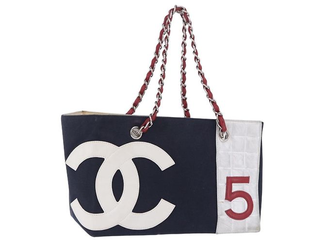 Bolsa de Ombro Tote com Corrente CHANEL Choco Bar Canvas Navy Silver CC Auth 205836A Prata Azul marinho