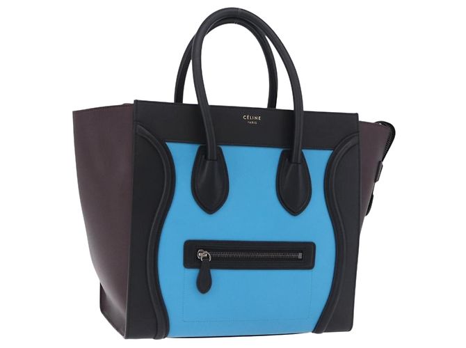 Céline Sac à main CELINE Luggage Mini Shopper en cuir Bleu Turquoise Auth LN125SAM