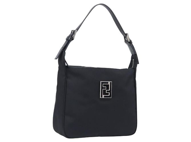 FENDI Schultertasche Nylon Schwarz Silber Auth 203677A