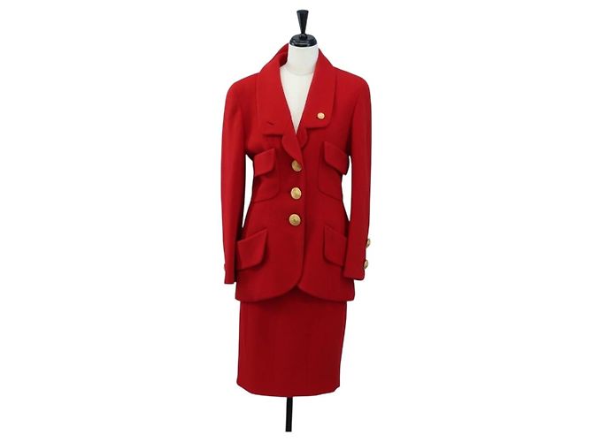 Conjunto de Chaqueta y Falda CHANEL de Algodón Rojo CC Auth am12620 Roja