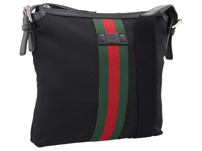 Borsa a tracolla GUCCI Web Sherry Line Canvas Black Silver 387111 Auth 204729A Nero Argento