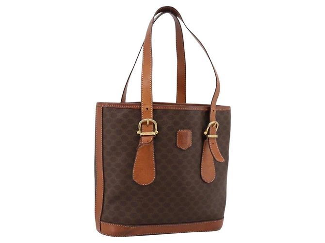16 Céline Sac Cabas CELINE Macadam PVC Cuir Marron Ton Or Auth BA15551