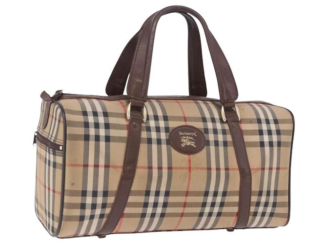 Bolsa Boston Burberrys Nova Check Canvas Bege Gold Auth 204367 Dourado