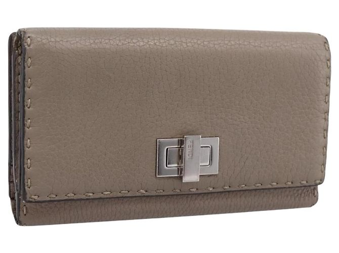 FENDI Celeria Long Wallet Leather Beige Silver 8M0308 Auth BA15601 Silvery