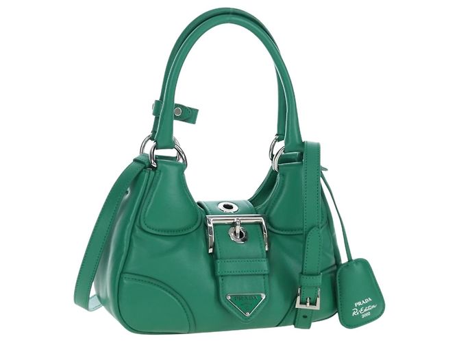 Bolso de mano PRADA Moon Paddock de cuero 2way Verde Plata Auth 203196SAM