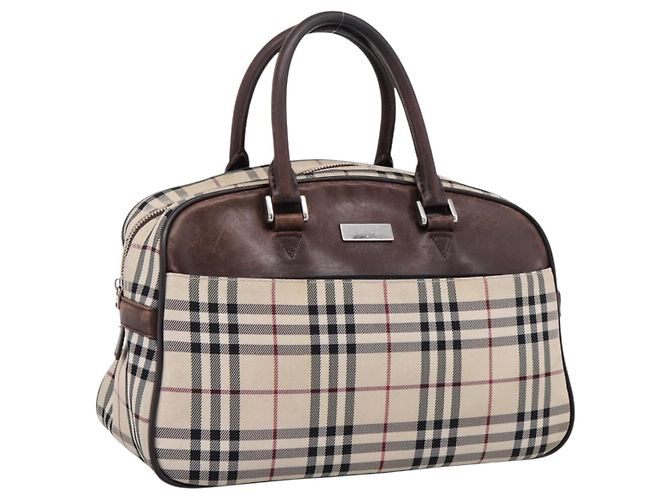 BURBERRY Nova Check Handtasche Canvas Beige Silver Auth 205173 Silber