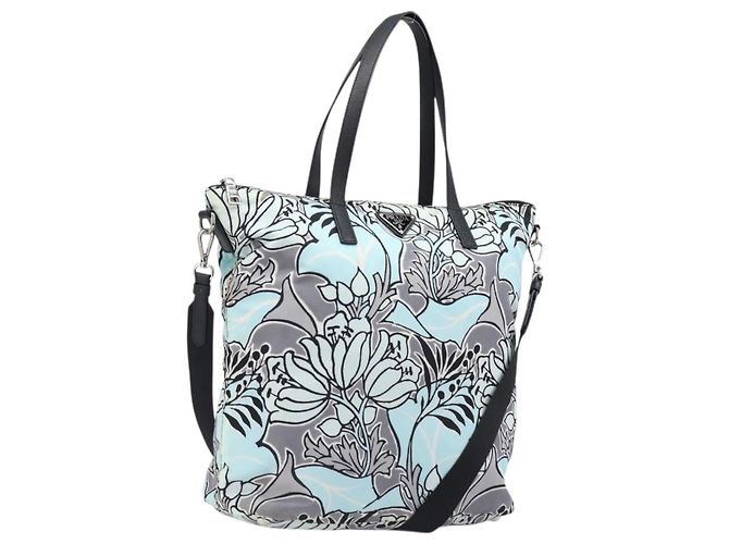 Saco Tote PRADA Nylon 2way Azul Claro Prata Auth 201271A