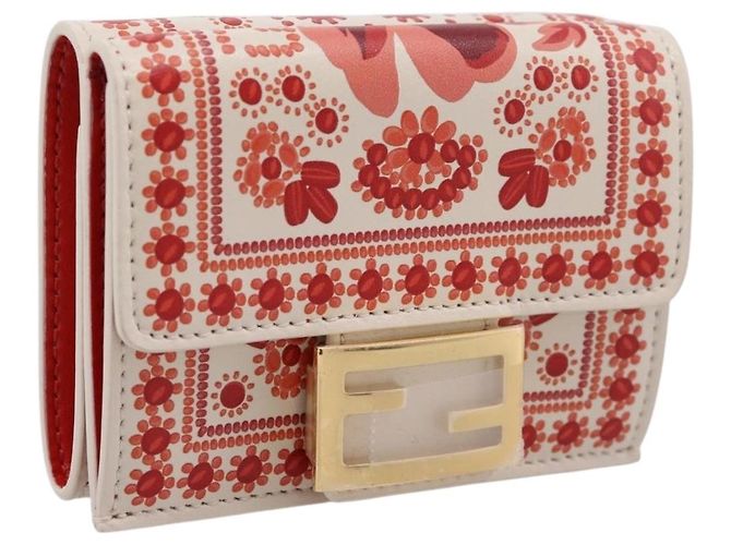 FENDI Compact Wallet Baguette Micro Wallet Leather Red Gold Auth 203699M Golden