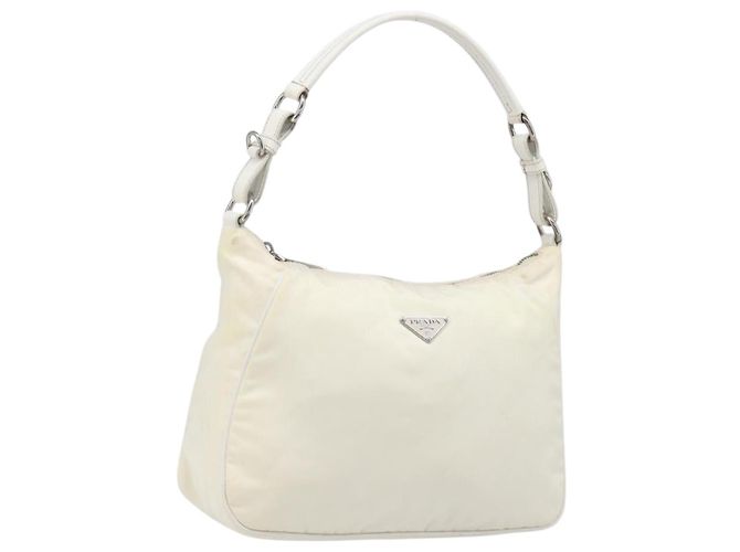 PRADA Shoulder Bag Nylon Ivory Silver Auth 204641A Silvery Cream