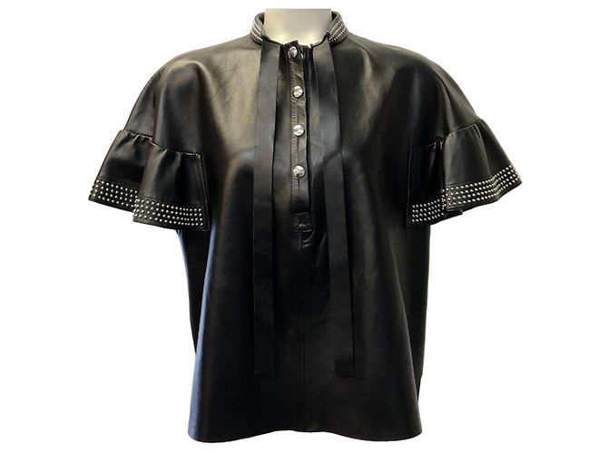 Top a maniche corte in pelle nera con borchie argentate RED Valentino Nero