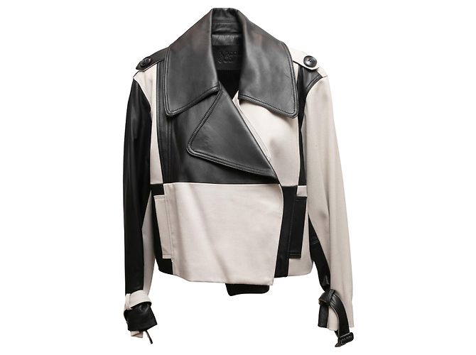 Autre Marque Black & Beige Madonna & Co Leather & Cotton Patchwork Jacket Size US M