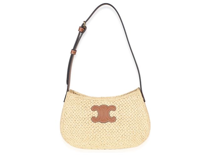 Céline Bolsa de Ombro Celine Medium Tilly em Ráfia Natural e Pele de Vitelo Triomphe Bege
