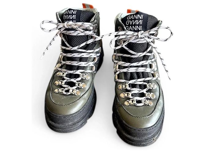 Ganni Botas de caminhada em couro verde Preto Branco