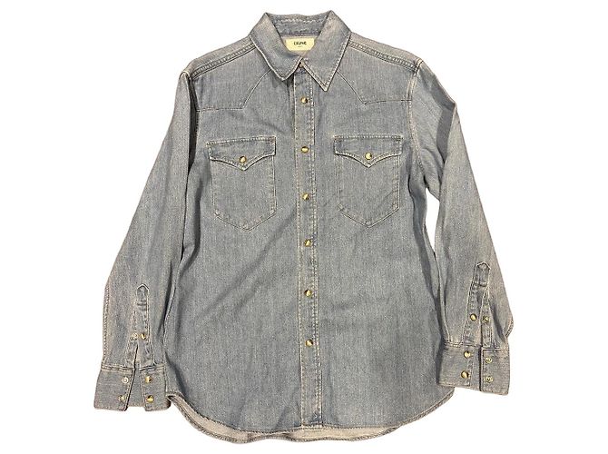 Céline Celine Camisa Western de denim lavado claro Azul