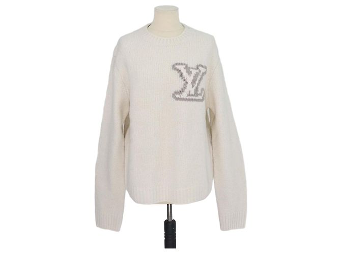 Louis Vuitton Off White Blend Wool Intarsia Crew Neck Sweater Eggshell