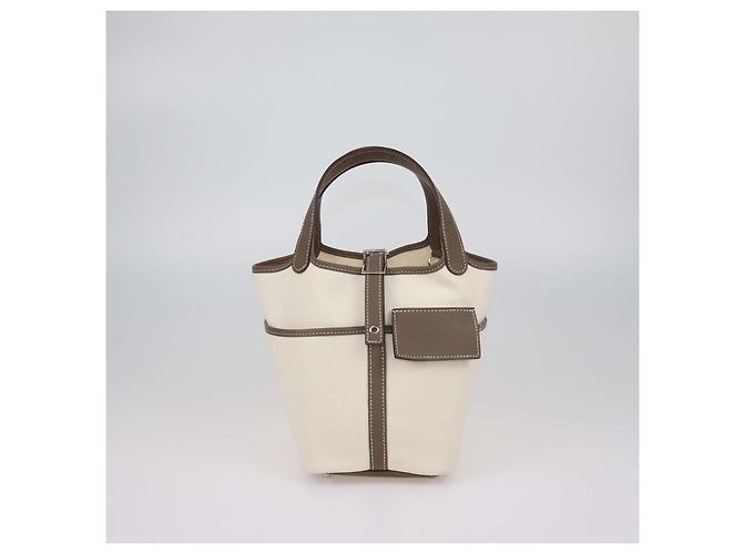 Hermès Bolsa Hermes Cargo Picotin Lock 18 em Toile e Couro Swift Ecru, Etoupe Cinza Fora de branco