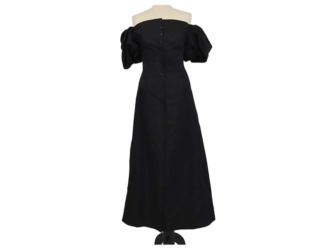 Autre Marque Vestido Midi Akiranaka Off Shoulder em Linho e Algodão Preto