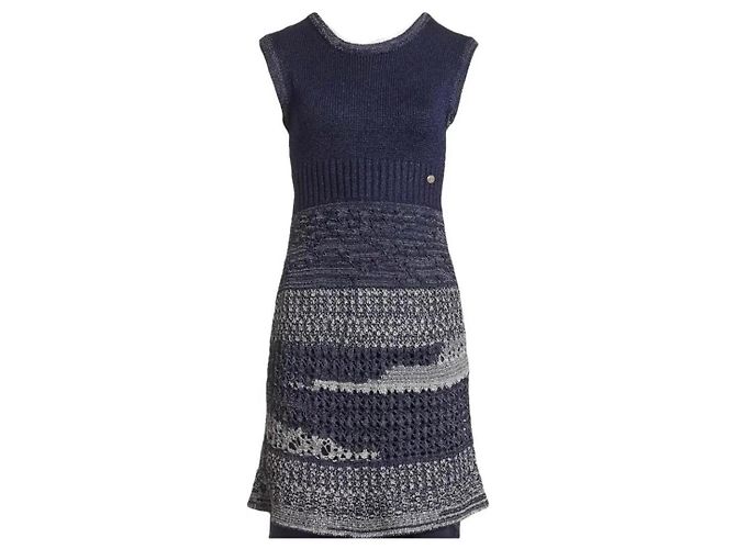Chanel Strickkleid Marineblau Metallic Grau Metallisch Dunkelblau