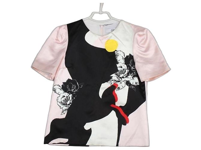 Prabal Gurung Top de Seda Estampado Floral Negro y Rosa Blanco Amarillo