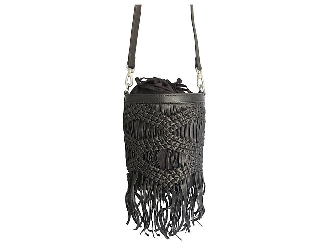 IKKS Borsa a Secchiello in Pelle Intrecciata Nera con Frange Nero
