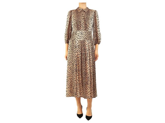Autre Marque Vestido midi castanho com estampado de guepardo - size UK 10 Marrom