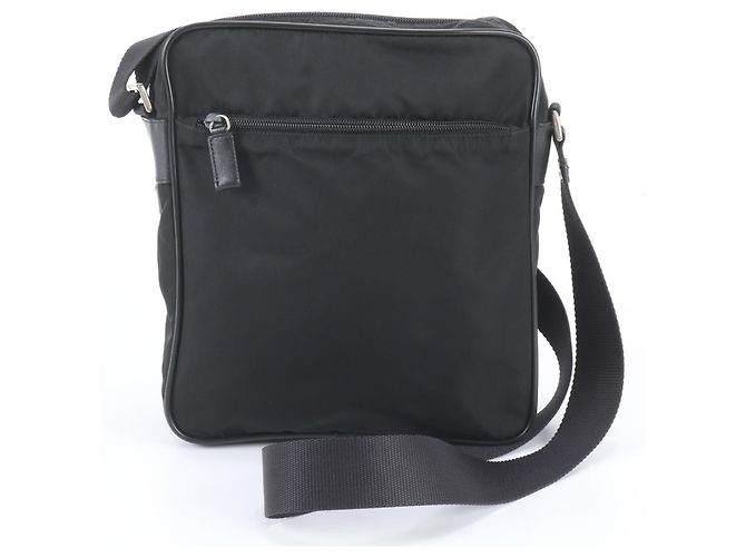 Prada Tessuto Nylon Triangle Logo Leather Shoulder Bag Black