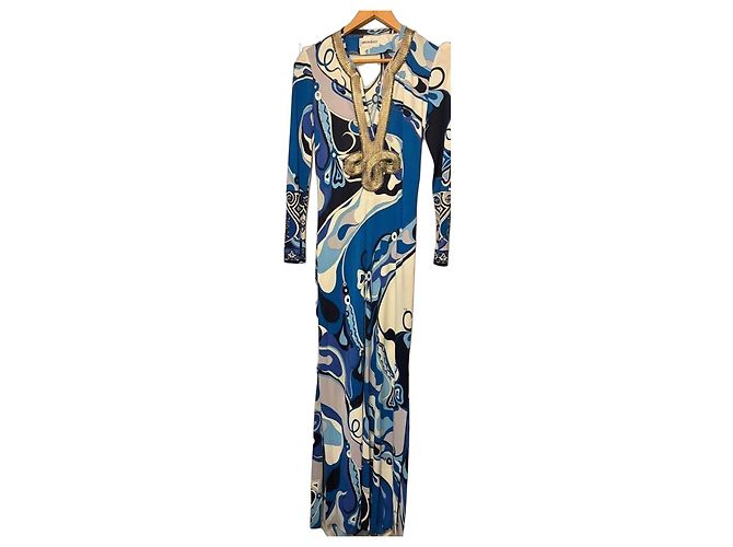 Emilio Pucci Vestido Maxi Estampado de Manga Comprida Branco Azul Cinza Azul escuro