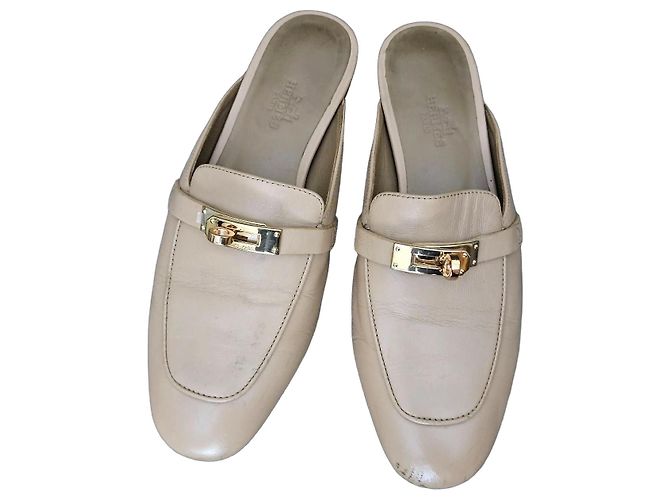 Mules Hermès en cuir beige