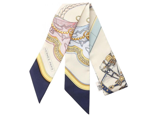 Hermès Lenço de seda Hermes Twilly GRAND APPARAT Multicor Bege Azul marinho