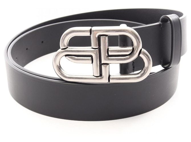 Balenciaga Black Leather BB Logo Belt for Men