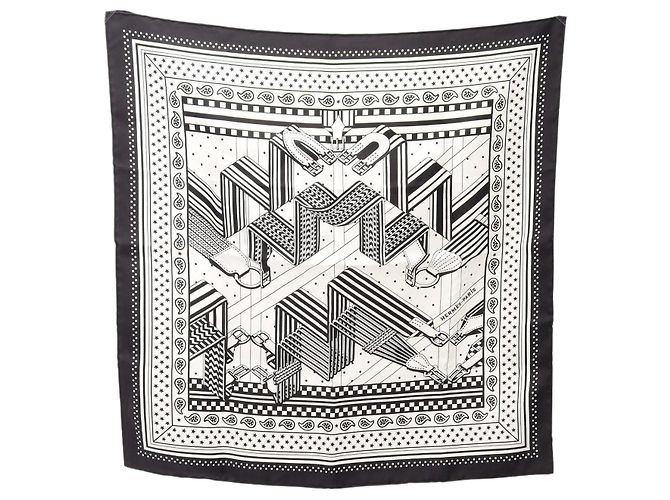 Hermès Hermes Carre 55 SANGLES EN ZIGZAG Lenço de seda Preto Branco