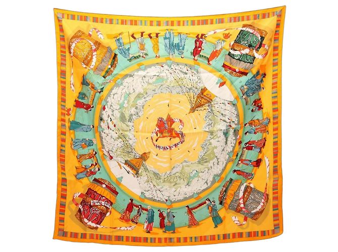 Hermès Lenço Hermes Carre 90 PRIERES AU VENT Multicor Laranja