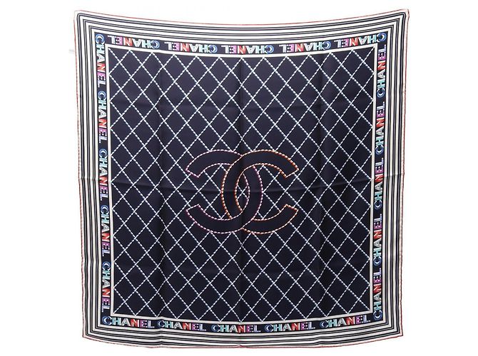 Pañuelo de seda Chanel Coco Mark Blanco Multicolor Azul marino