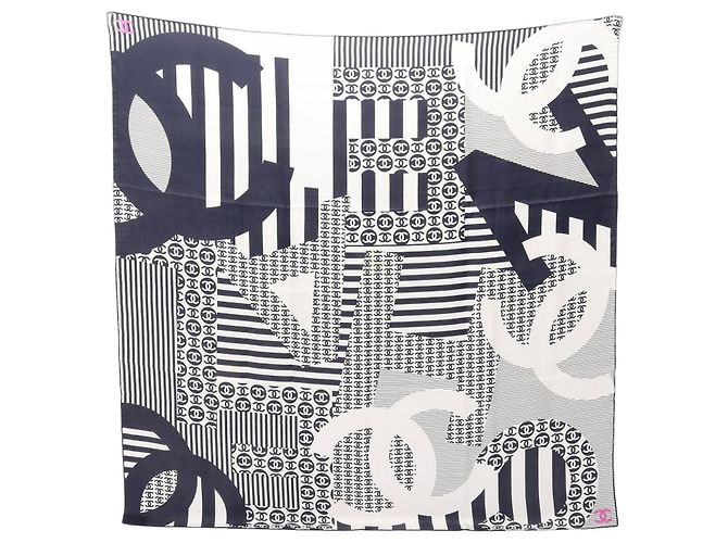 Chanel Coco Mark Striped Scarf White Navy blue