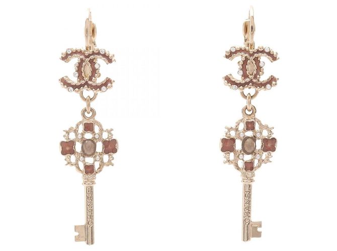 Brincos Chanel Coco Mark Key Motif Rosa Dourado