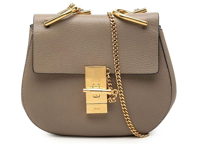 Chloé Mini Bolsa Tiracolo Drew em Pele de Cordeiro Grão Castanho Marrom Taupe