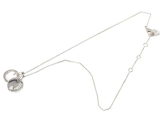 Colar de Charme com Pendente Duplo Dior em Latão Prateado e Strass Prata