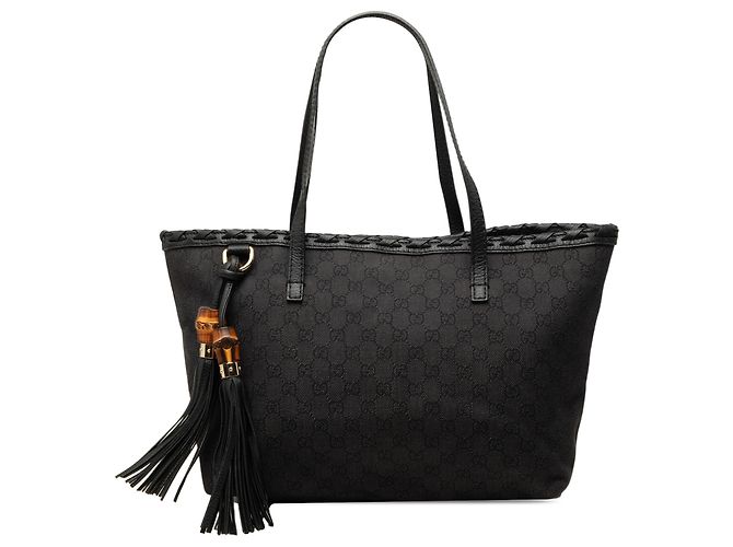Bamboo Tote Gucci em denim GG preto com tassel de bambu
