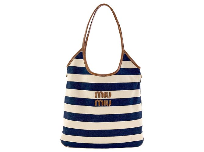 Saco Tote Miu Miu Ivy Border Marrom Branco Azul marinho