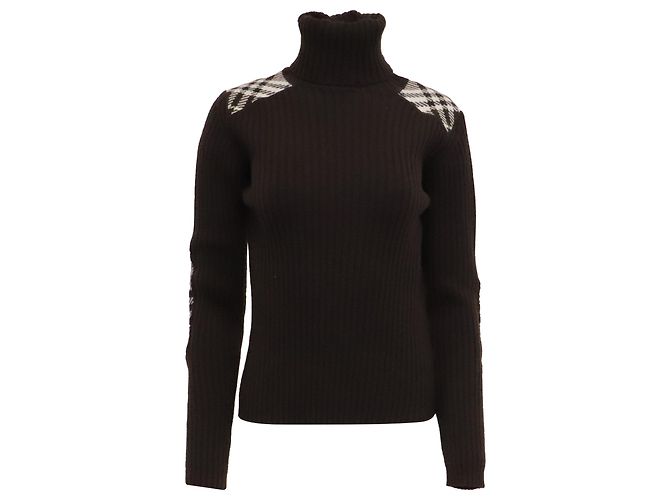 Burberry Rollkragenpullover mit Karomuster aus schwarzer Merinowolle