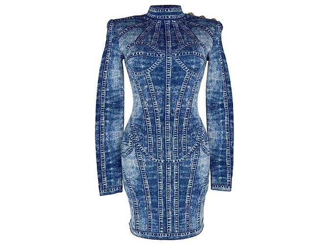 Balmain Trompe L'œil Jacquard Mini-Kleid aus blauer Viskose