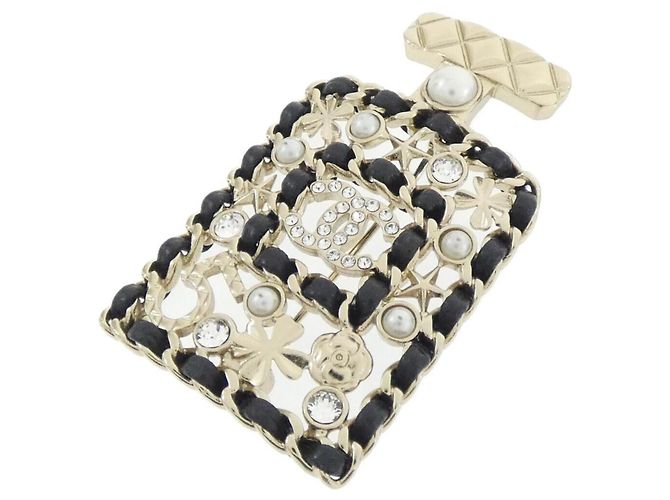 Chanel AB4701 Lederbrosche Schwarz Weiß Golden