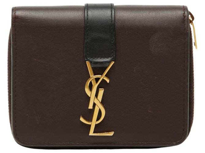Autre Marque Saint Laurent YSL Logo Cassandra Compact Wallet Brown Black