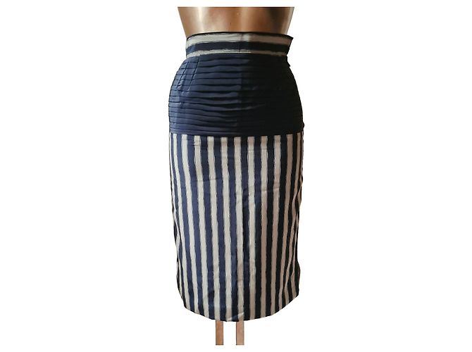Autre Marque Saia lápis de seda Gabrielle às riscas azuis e brancas Branco Azul
